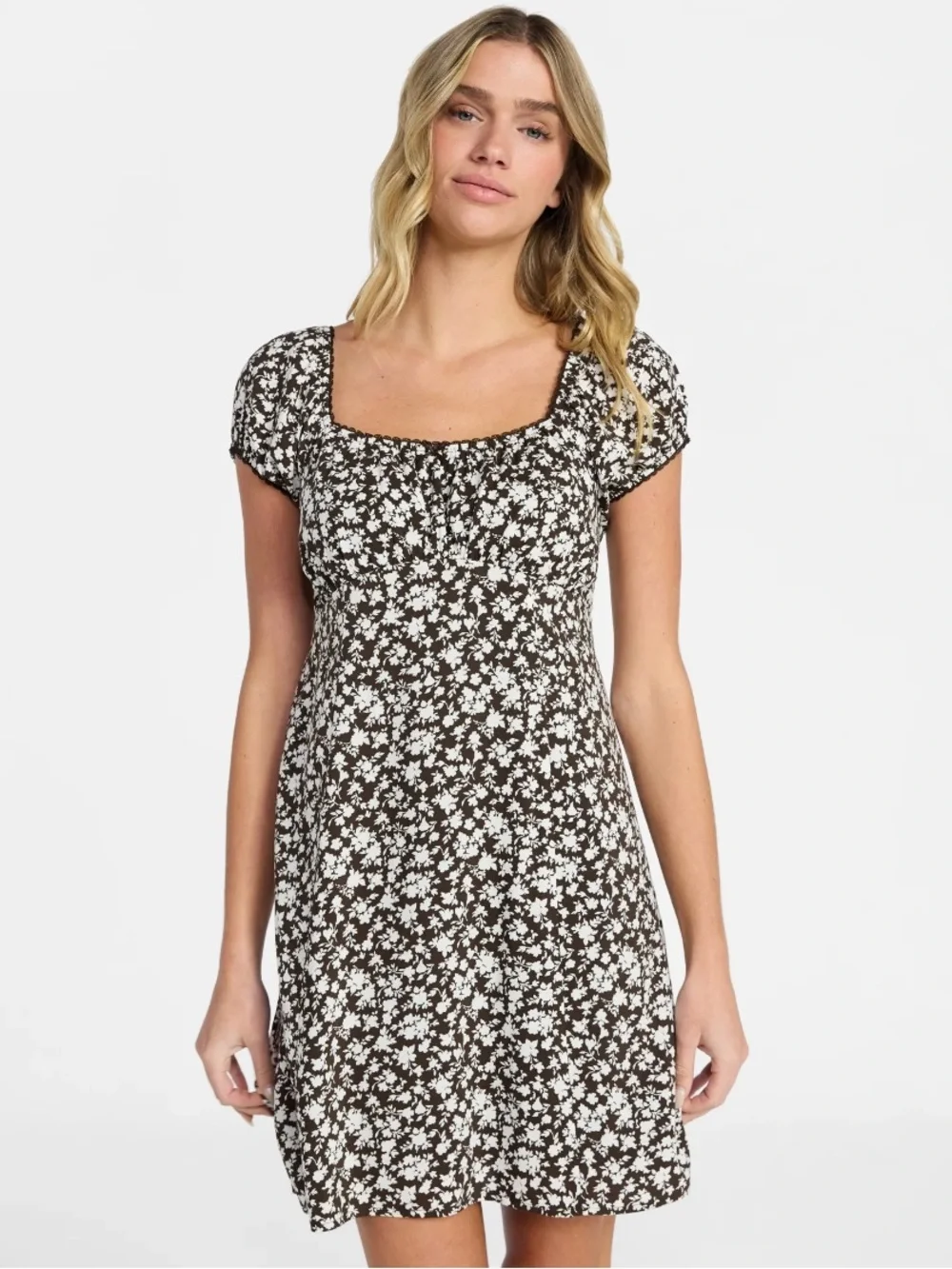 Brown Floral Square-Neck Mini Dress, NEW - Picture 1 of 9